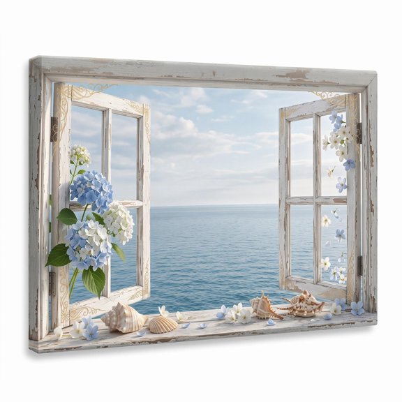 XaaKee Window to the Ocean Coastal View Hydrangea Art Prints Canvas Wall Art Prints Inner Framed 18*12Inch