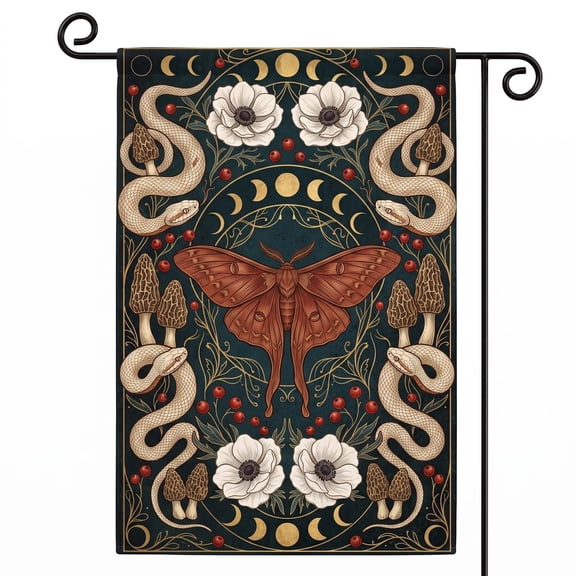 XaaKee Yard Flag, Teal Serenity Distressed Pattern Moth Garden Flag, Double-Sided High-Quality White Linen Garden Flags For Outside Clearance, Symmetrical Moons Accent, 12x18Inch