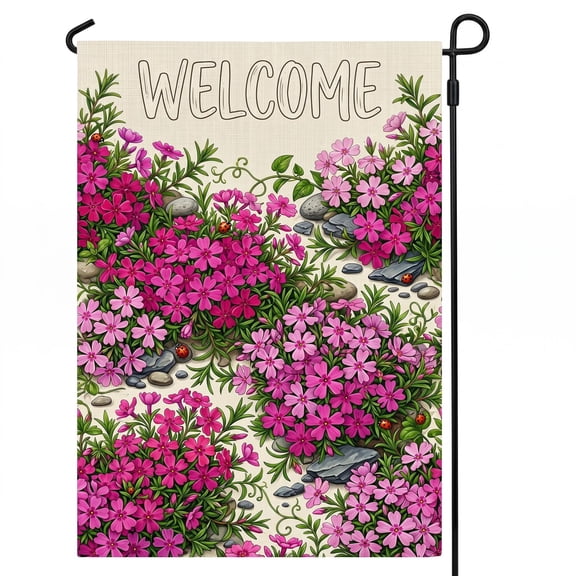 XaaKee Yard Flags, Floral Typography Creeping Phlox Text Graphics Garden Flags, Double-Sided High-Quality White Linen Small Garden Flags, Front Yard Porch Decoration, 12x18Inch