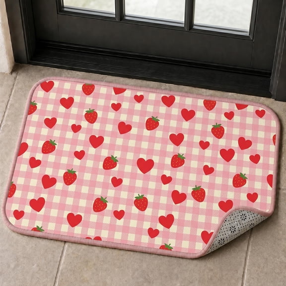 XaaKee door mat, Heart Strawberry Check Geometric doormat, Non-Slip Rubber Backing outdoor mat, Front Door Entryway Accent Rug, 20x31inch
