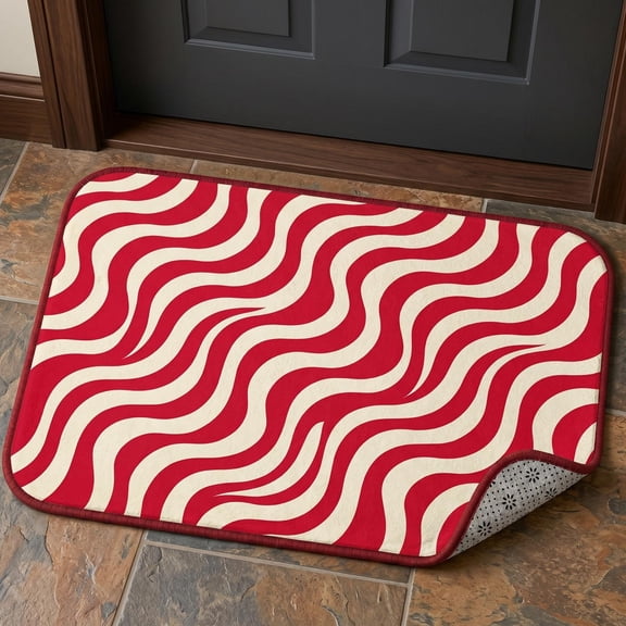 XaaKee outdoor mat, Undulating Wavy Cherry Red Ecru Geometric outdoor doormats, Non-Slip Rubber Backing door mats, Veranda Floor Mat, 20x31inch