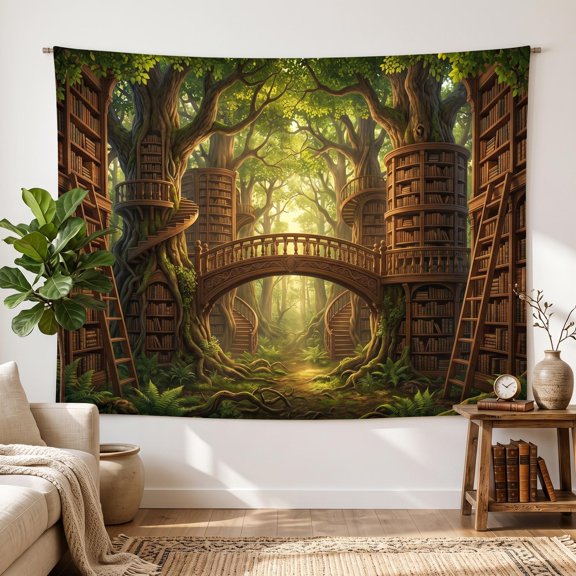 XaaKee tapestry Grand Woodland Archives Fantasy Bookshop High-Quality Polyester bedroom tapestry 60x40Inch