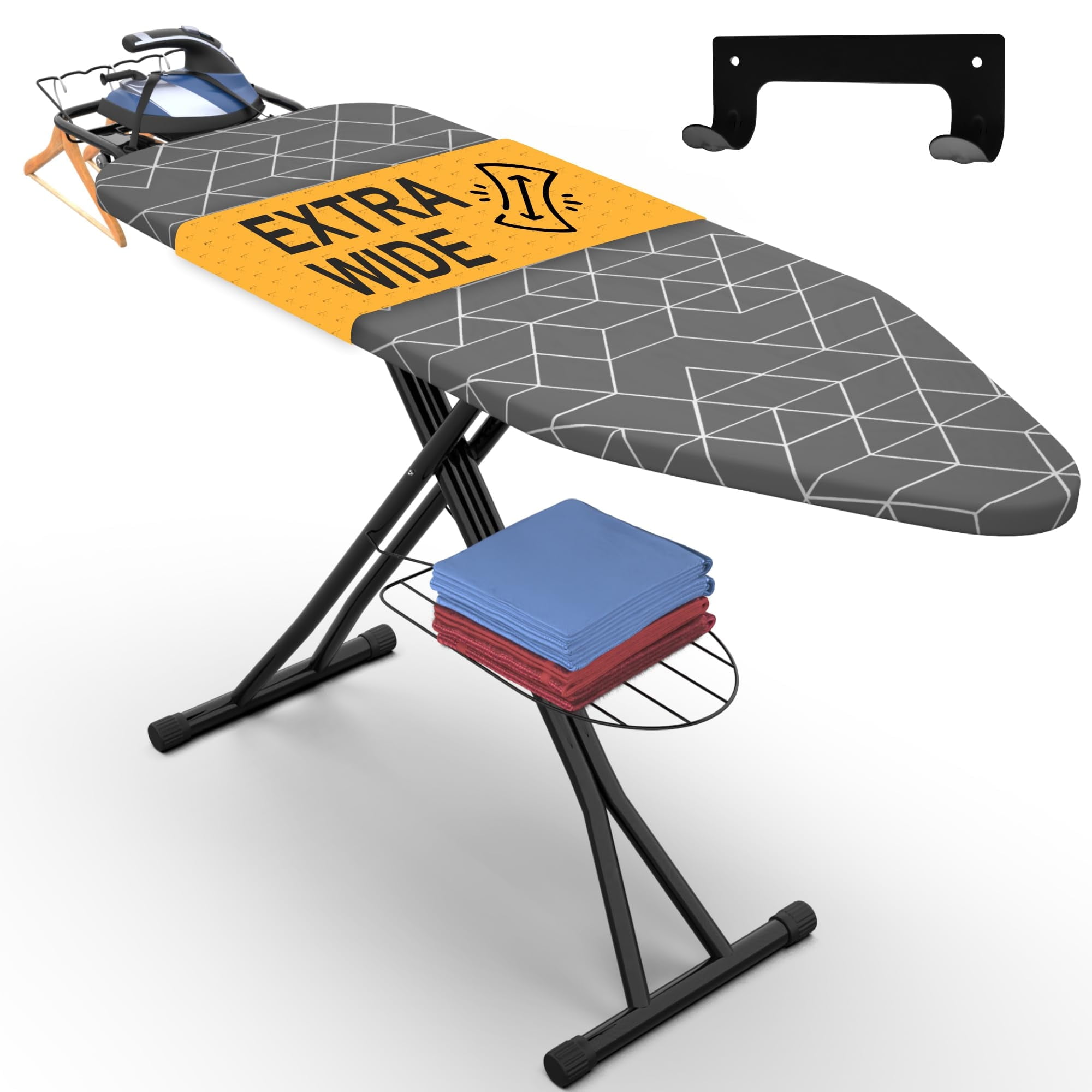 Extra Wide Gray Ironing Board with Metal Construction and Storage Tray