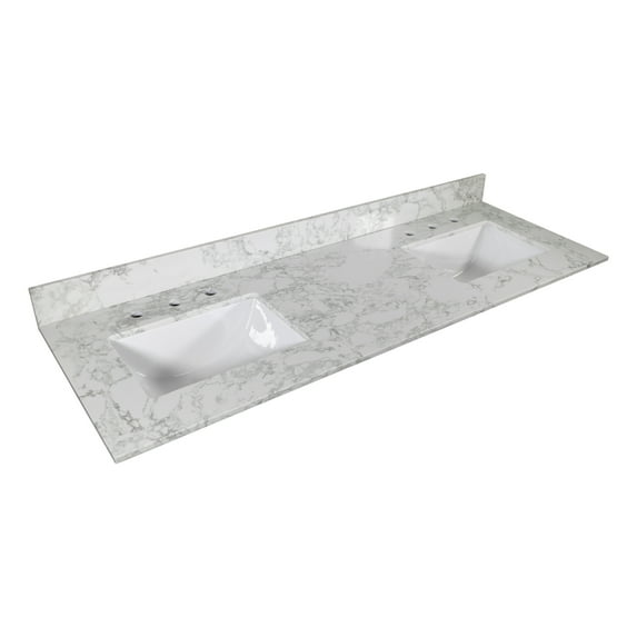 Xahpower 61"x22" Bathroom Stone Vanity with Double Rectangle Undermount Ceramic Sink and 3 Faucet Hole with Back Splash