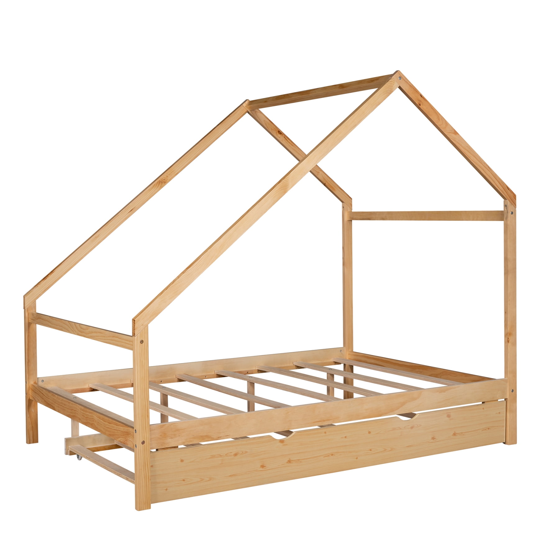 Xahpower Full Size Wooden House Bed With Twin Size Trundle,Natural