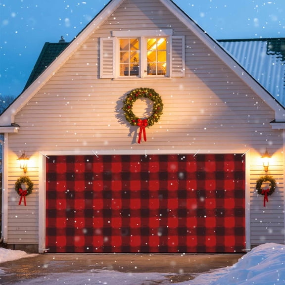 Xams Buffalo Plaid Christmas Garage Door Decorations, 6.9x8ft Garage Door Cover Banner with Grommets, Outdoor Garage Door Backdrop Mural for Holiday Party Wall Decor,