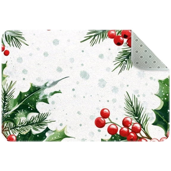 Xams Holly Twigs with Red Berries Green Fir Trees Snow Background Entryway Rug, 2x3 Area Rug Indoor Door Mat Non-slip Washable Floor Carpet Rug for Bedroom Office Dining Room Bathroom