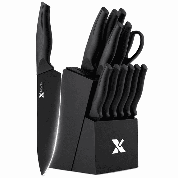 Xanapon 13-Piece Knife Set for Kitchen, Built-in Sharpener Block, German Stainless Steel, Dishwasher Safe, Black