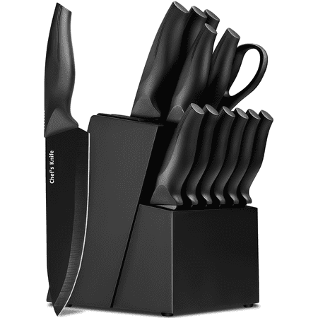 Xanapon 13-Piece Knife Set for Kitchen, Built-in Sharpener Block, German Stainless Steel, Dishwasher Safe, Black