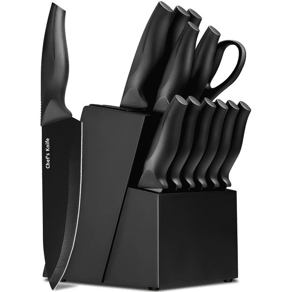 Xanapon 13-Piece Knife Set for Kitchen, Built-in Sharpener Block, German Stainless Steel, Dishwasher Safe, Black