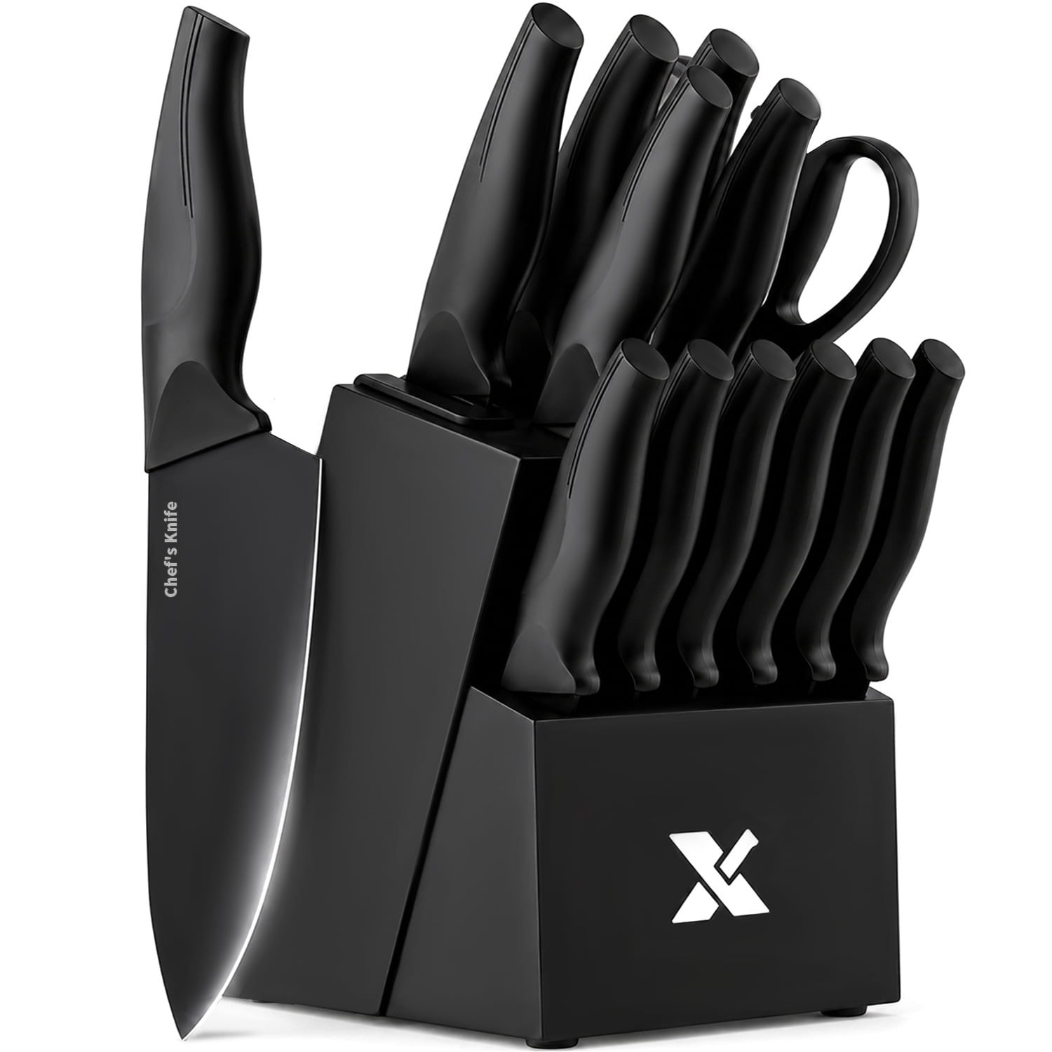 Xanapon 13-Piece Knife Set for Kitchen, Built-in Sharpener Block, German Stainless Steel, Dishwasher Safe, Black