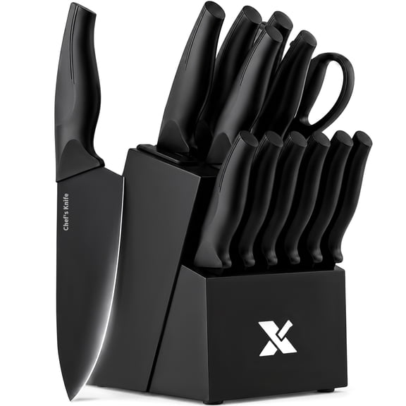 Xanapon 13-Piece Knife Set for Kitchen, Built-in Sharpener Block, German Stainless Steel, Dishwasher Safe, Black
