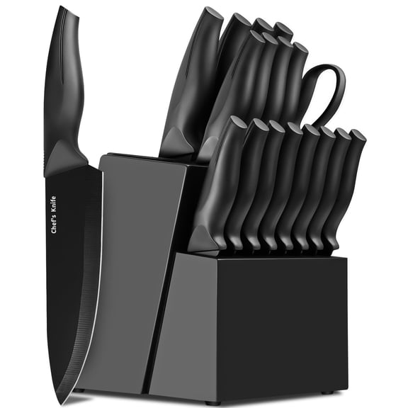 18-Piece Kitchen Knife Set with Wooden Block, Built-In Sharpener, High-Carbon German Stainless Steel Chef Knives Set with Ergonomic Handles, Black