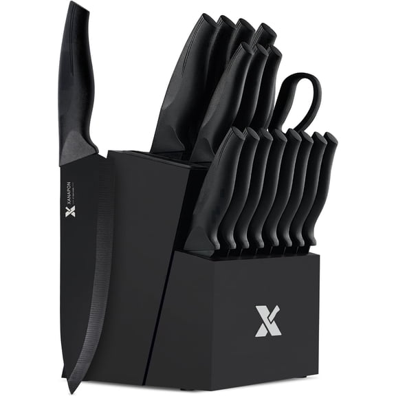 Xanapon 18-Piece Kitchen Knife Set with Wooden Block, Built-In Sharpener, High-Carbon German Stainless Steel Chef Knives Set with Ergonomic Handles, Black