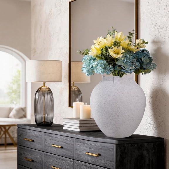 Xanthippe Handcrafted Neutral Textured Ceramic Table Vase, Flower Vase 10.83" Tall Stoneware Vase, White Textured Decor for Modern & Traditional Home