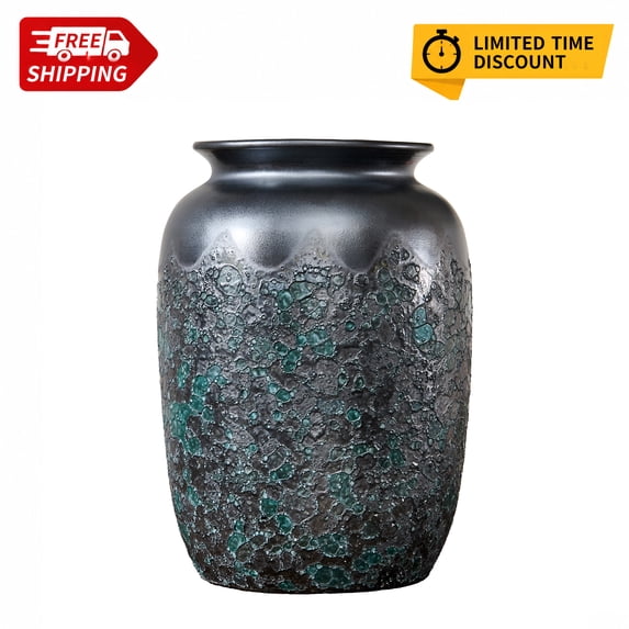Xanthippe Handmade Ceramic Table Vase, 8.27" Wide-Mouth Textured Decorative Vase with Hammered Kiln-Change Glaze, Rustic Industrial Flower Vase for Home, Office, Living Room, Indoor & Outdoor Decor