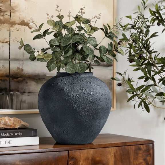 Xanthippe Handmade Metal Vase, Matte Black Textured Wide-Mouth Vase, Leak-Proof Modern Industrial Home Decor