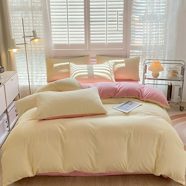 Xaoshaoyi Queen Comforter Set 4Pcs Light Beige Bedding Comforter Sets Full Washable Cotton Solid Color Bed Sheet Duvet Cover And Pillowcases(Yellow)