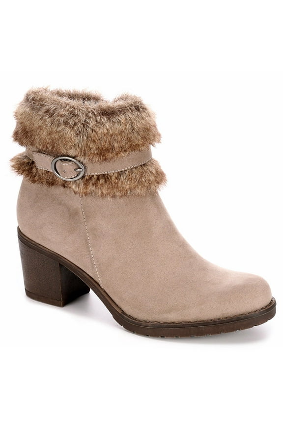 Womens Bunny Faux Fur Heeled Ankle Boot Shoes, Taupe, US 11