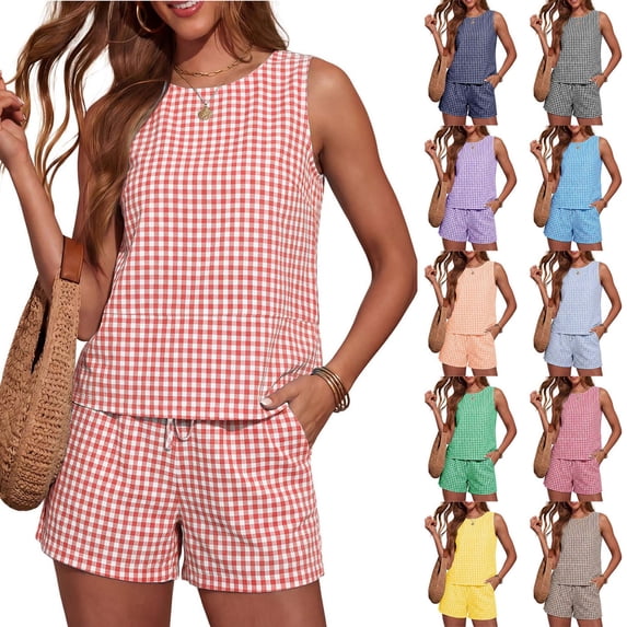 Xaqiouau 2 Piece Sets for Women Gingham Lounge Sets Sleeveless Tank Tops Drawstring Shorts Casual Matching Outfits Summer Vacation Clothes