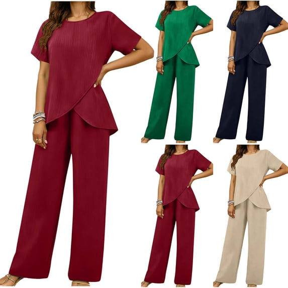 Xaqiouau 2 Piece Sets for Women Short Sleeve Tops Wide Leg Pants Casual Matching Outfits Ribbed Lounge Sets Loose Fit Travel Vacation Clothes