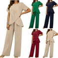 thumbnail image 1 of Xaqiouau 2 Piece Sets for Women Short Sleeve Tops Wide Leg Pants Casual Matching Outfits Ribbed Lounge Sets Loose Fit Travel Vacation Clothes, 1 of 5