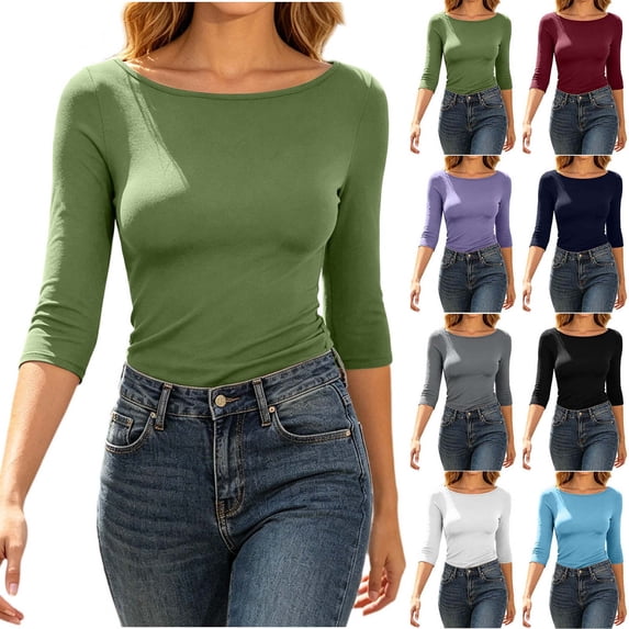 Xaqiouau Boat Neck Tops for Women Stretch T Shirts 3 4 Sleeve Slim Fit Basic Tees Casual Lightweight Layering Shirts