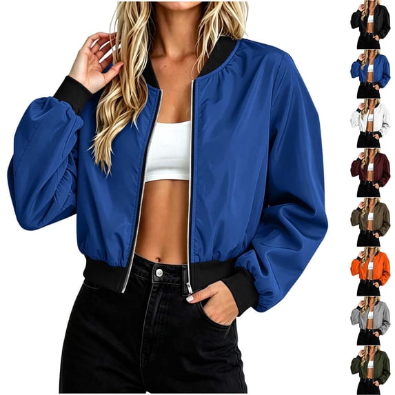 Xaqiouau Bomber Jacket Women Lightweight Zip Up Jackets Women Casual Long Sleeve Flight Jacket Ribbed Collar Windbreaker Coat