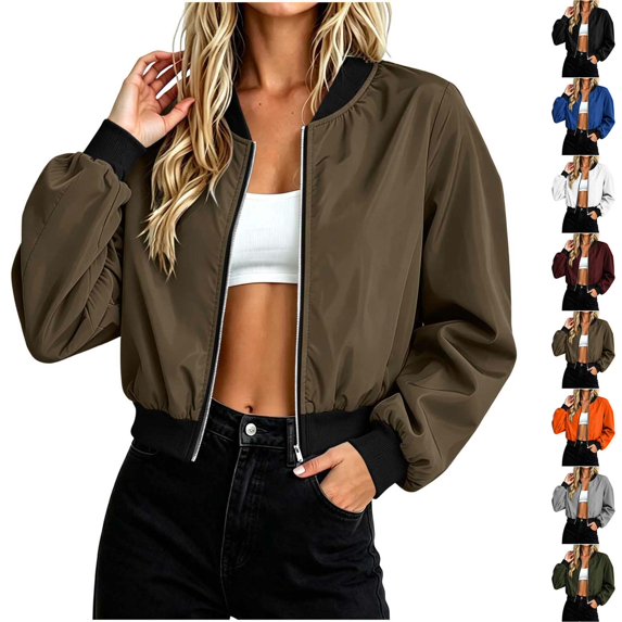Xaqiouau Bomber Jacket Women Lightweight Zip Up Jackets Women Casual Long Sleeve Flight Jacket Ribbed Collar Windbreaker Coat