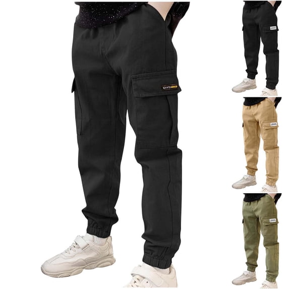 Xaqiouau Boys Cargo Pants Cotton Jogger Pants Casual Workwear Trousers Elastic Waist Multi Pocket Outdoor Hiking Pants for Kids Teens