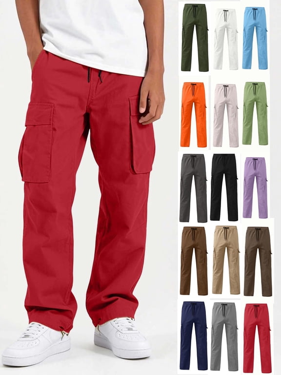 Boys Cargo Pants Loose Fit Casual Joggers Elastic Waist Drawstring Trousers with Pockets Solid Color Kids Outdoor Workwear Daily Essential Red 9-10Years