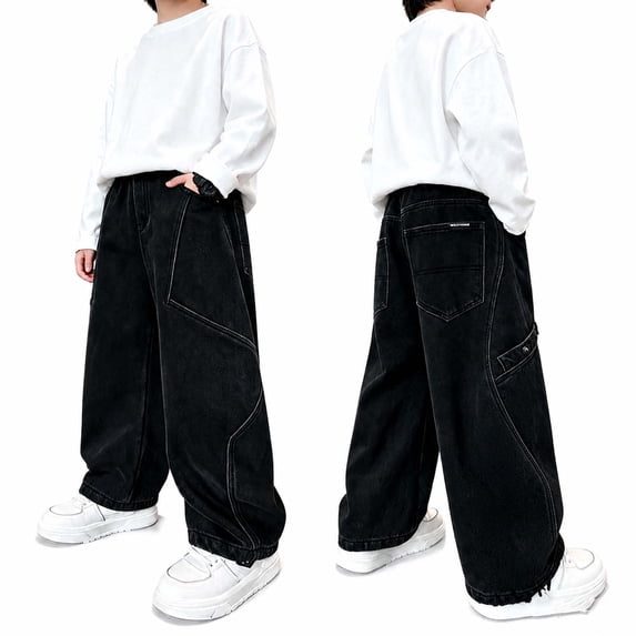 Xaqiouau Boys Jeans Baggy Wide Leg Denim Pants Loose Fit Y2K Streetwear Jeans Casual Black Jeans with Pockets Trendy Teen Pants