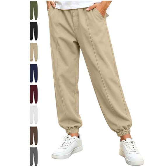 Xaqiouau Boys Jogger Pants with Pintuck Detail Elastic Waist Casual Trousers Cuffed Leg Relaxed Fit Solid Color Everyday Wear Kids School Sportswear Khaki 11-12 Years