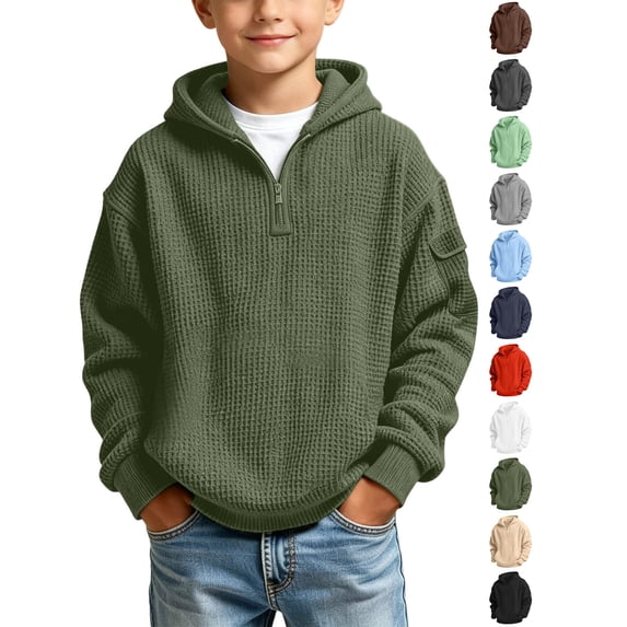 Xaqiouau Boys Waffle Knit Hoodie Half Zip Pullover Long Sleeve Solid Color with Arm Pocket Warm Casual Winter Hooded Sweatshirt for School Daily Wear Army Green 13 Years