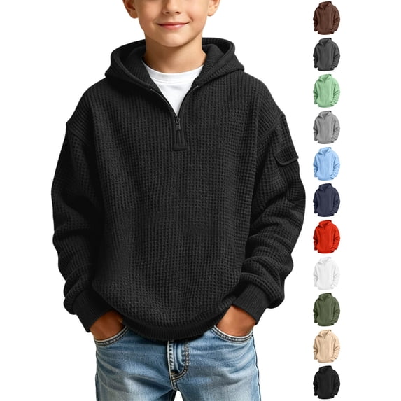 Xaqiouau Boys Waffle Knit Hoodie Half Zip Pullover Long Sleeve Solid Color with Arm Pocket Warm Casual Winter Hooded Sweatshirt for School Daily Wear Black 11 Years