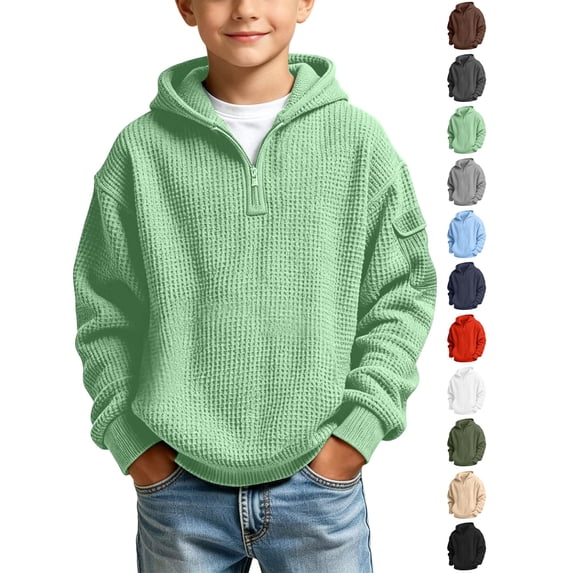 Xaqiouau Boys Waffle Knit Hoodie Half Zip Pullover Long Sleeve Solid Color with Arm Pocket Warm Casual Winter Hooded Sweatshirt for School Daily Wear Green 5 Years