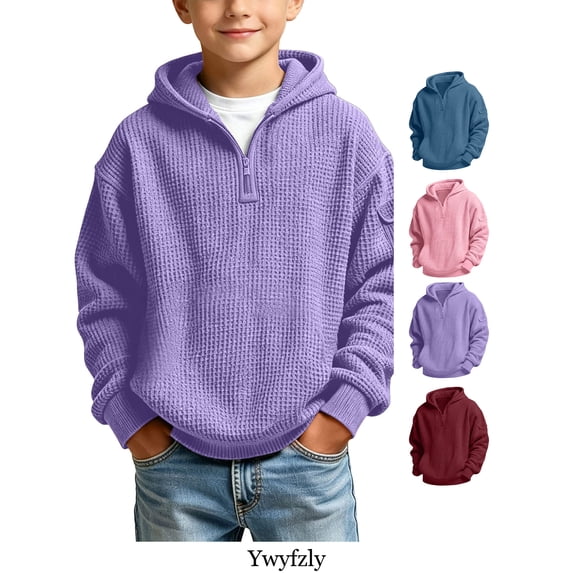 Xaqiouau Boys Waffle Knit Hoodie Half Zip Pullover Long Sleeve Solid Color with Arm Pocket Warm Casual Winter Hooded Sweatshirt for School Daily Wear