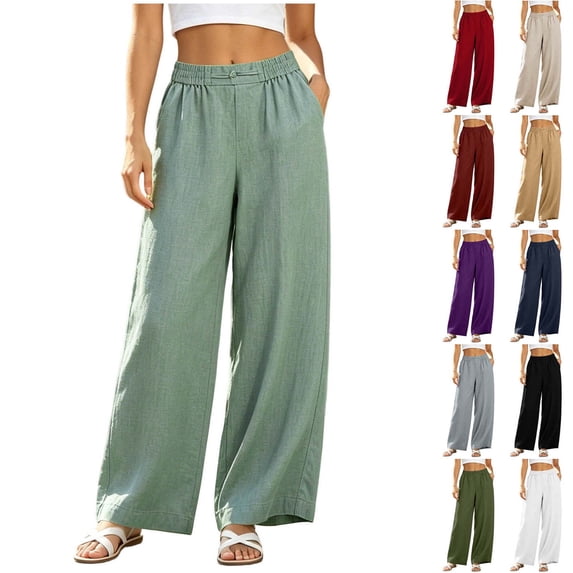 Xaqiouau Cotton Linen Pants Women Wide Leg Palazzo Pants Beach Vacation Outfits Summer 2026 Flowy Clothes Trousers with Pockets