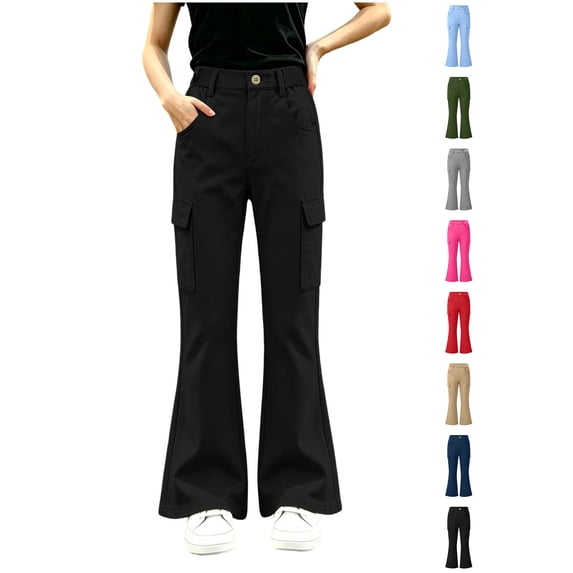 Xaqiouau Girls Cargo Flare Pants High Waist Multiple Pockets Casual Trousers Stretch Twill Slim Fit Bell Bottom Style Kids Fashion Daily Bottoms Black 11-12 Years