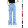 thumbnail image 1 of Xaqiouau Girls Cargo Flare Pants High Waist Multiple Pockets Casual Trousers Stretch Twill Slim Fit Bell Bottom Style Kids Fashion Daily Bottoms Blue 9-10 Years, 1 of 9