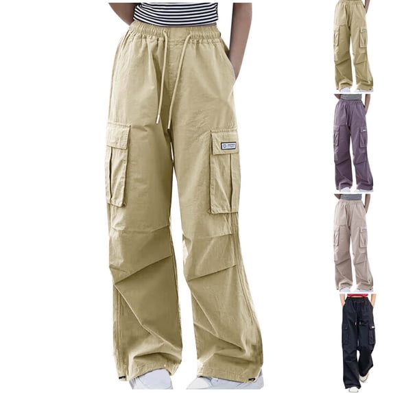 Xaqiouau Girls Cargo Pants Teen Girls Y2K Streetwear Wide Leg Baggy Pants High Waisted Drawstring Casual Trousers Multi Pocket Loose Fit Pants