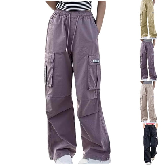 Xaqiouau Girls Cargo Pants Teen Girls Y2K Streetwear Wide Leg Baggy Pants High Waisted Drawstring Casual Trousers Multi Pocket Loose Fit Pants
