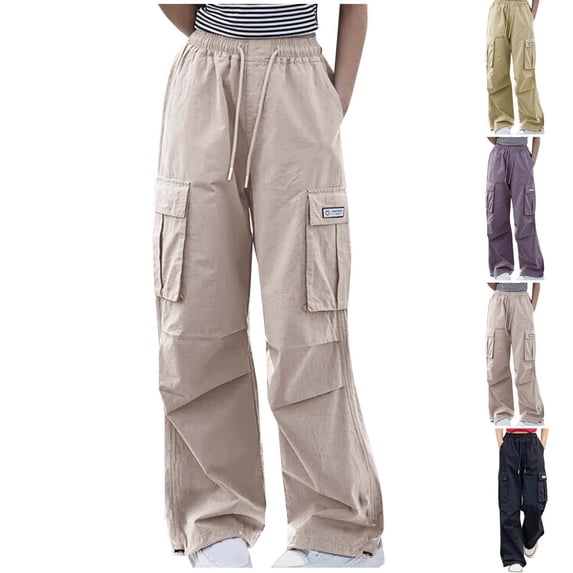 Xaqiouau Girls Cargo Pants Teen Girls Y2K Streetwear Wide Leg Baggy Pants High Waisted Drawstring Casual Trousers Multi Pocket Loose Fit Pants