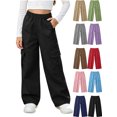thumbnail image 1 of Xaqiouau Girls Cargo Pants Wide Leg Loose Fit Elastic Waist Casual Trousers with Side Pockets Kids Streetwear Full Length Pants School Daily Wear Black 12-13Years, 1 of 9