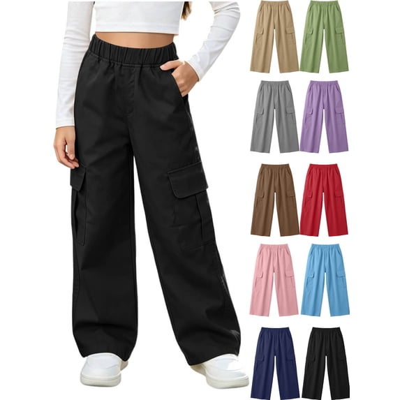 Xaqiouau Girls Cargo Pants Wide Leg Loose Fit Elastic Waist Casual Trousers with Side Pockets Kids Streetwear Full Length Pants School Daily Wear Black 12-13Years