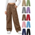 thumbnail image 1 of Xaqiouau Girls Cargo Pants Wide Leg Loose Fit Elastic Waist Casual Trousers with Side Pockets Kids Streetwear Full Length Pants School Daily Wear Brown 10-11Years, 1 of 9