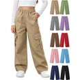 thumbnail image 1 of Xaqiouau Girls Cargo Pants Wide Leg Loose Fit Elastic Waist Casual Trousers with Side Pockets Kids Streetwear Full Length Pants School Daily Wear Khaki 5-6 Years, 1 of 9