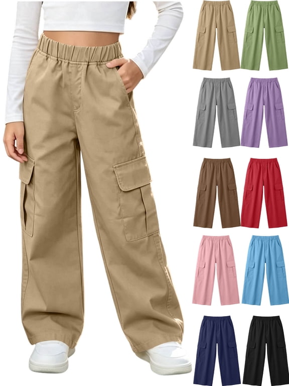 Girls Cargo Pants Wide Leg Loose Fit Elastic Waist Casual Trousers with Side Pockets Kids Streetwear Full Length Pants School Daily Wear Khaki 5-6 Years