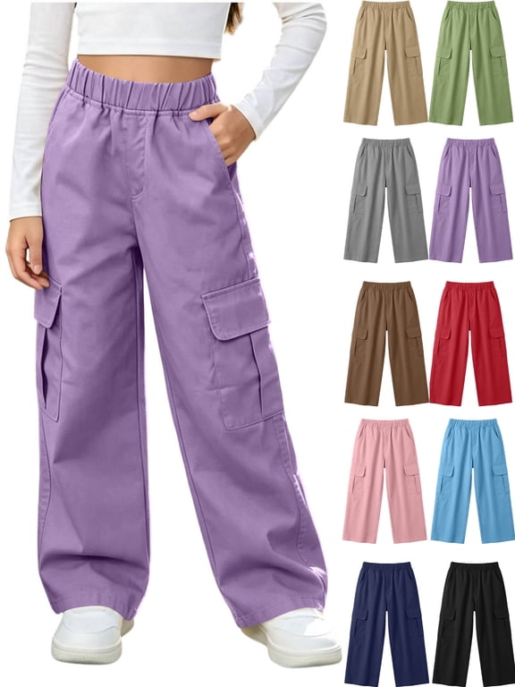 Girls Cargo Pants Wide Leg Loose Fit Elastic Waist Casual Trousers with Side Pockets Kids Streetwear Full Length Pants School Daily Wear Purple 7-8 Years