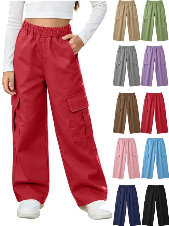 Girls Cargo Pants Wide Leg Loose Fit Elastic Waist Casual Trousers with Side Pockets Kids Streetwear Full Length Pants School Daily Wear Red 7-8 Years